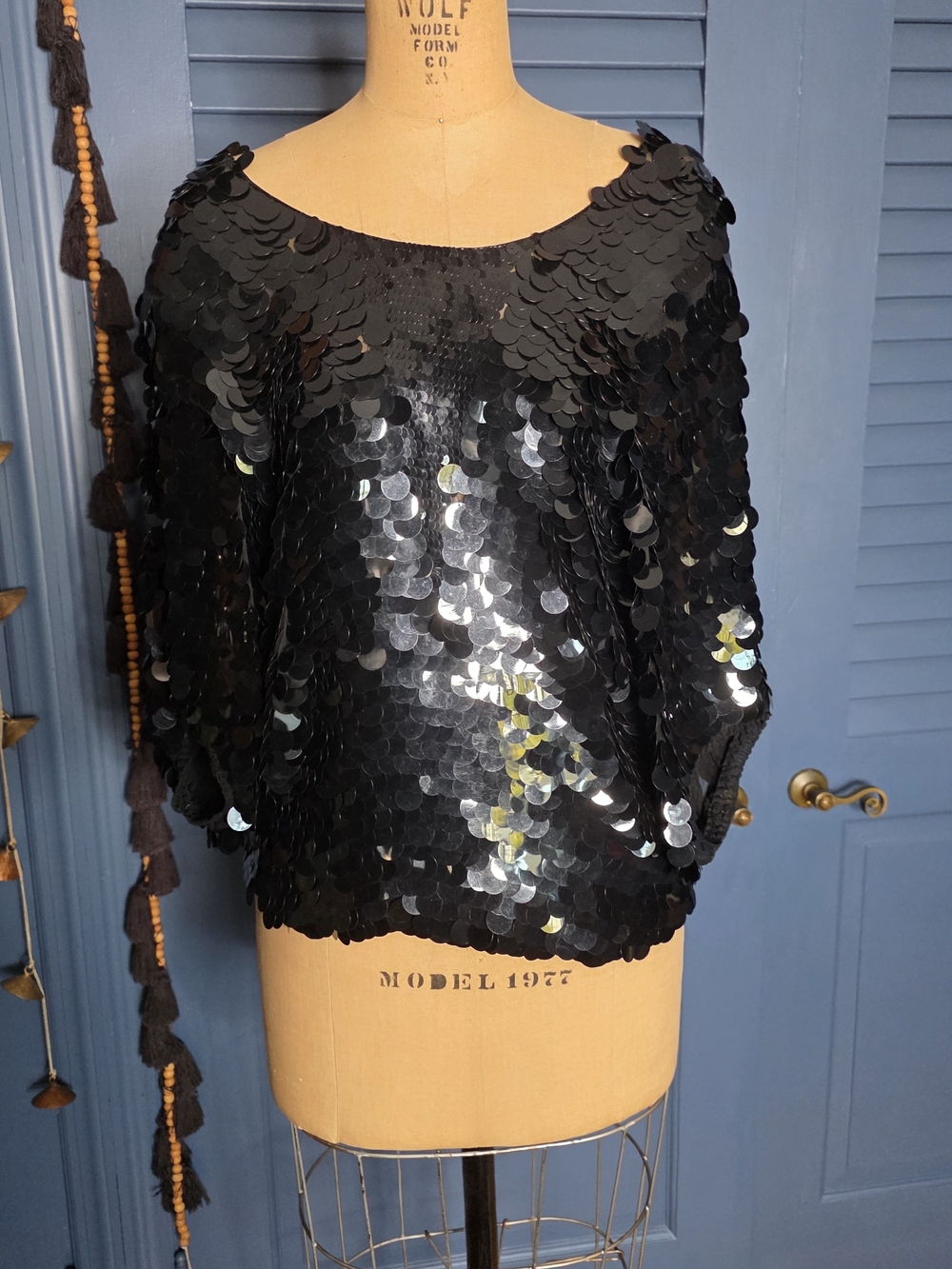 Vintage Swee Lo 100% Silk Black Sequin Paillette Statement Top Blouse Large